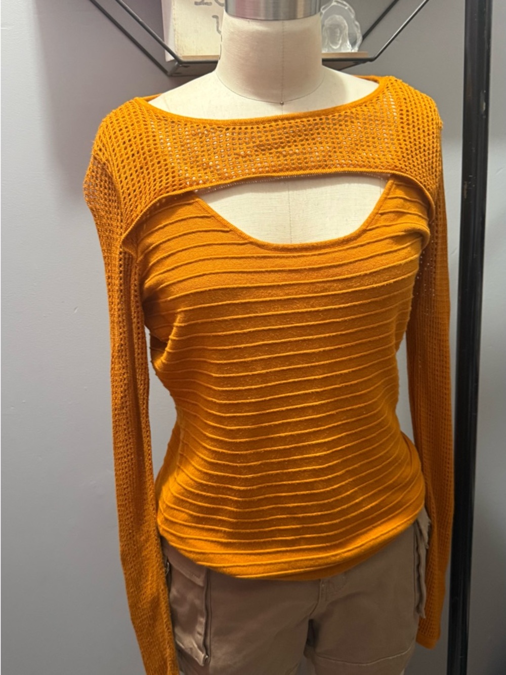 Guess Mustard Off-Shoulder Ribbed Long-Sleeve Sweater